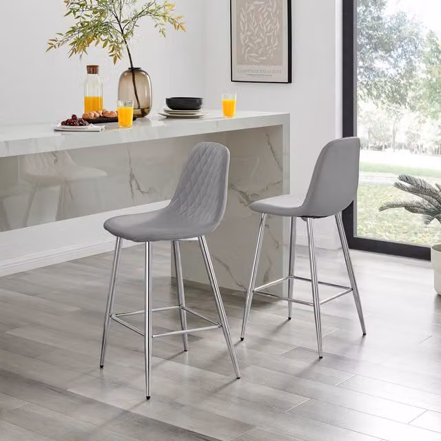 FurnitureboxUK Corona Set of 2 Grey Faux Leather Counter Stools with Silver Metal Legs
