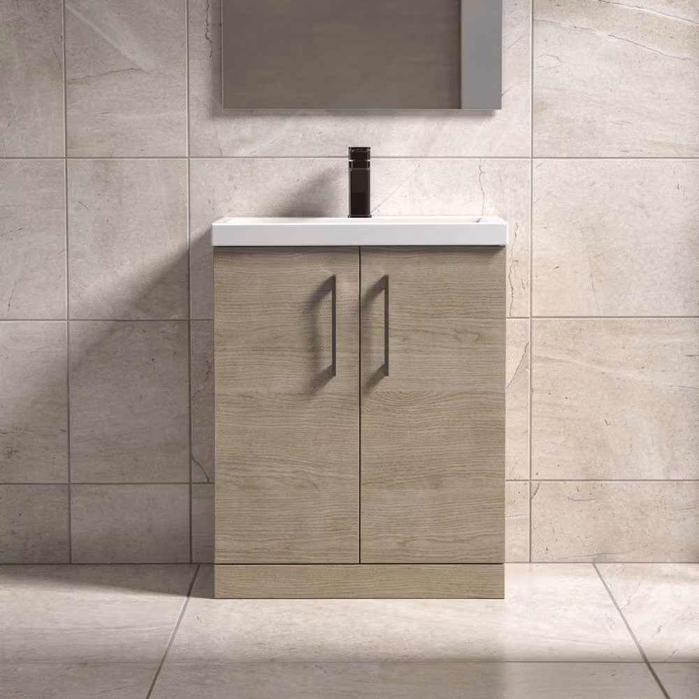 Balterley Solace Oak Contemporary 2-Door Freestanding Bathroom Floor Vanity Basin in Brown, Width: 60 cm – 2