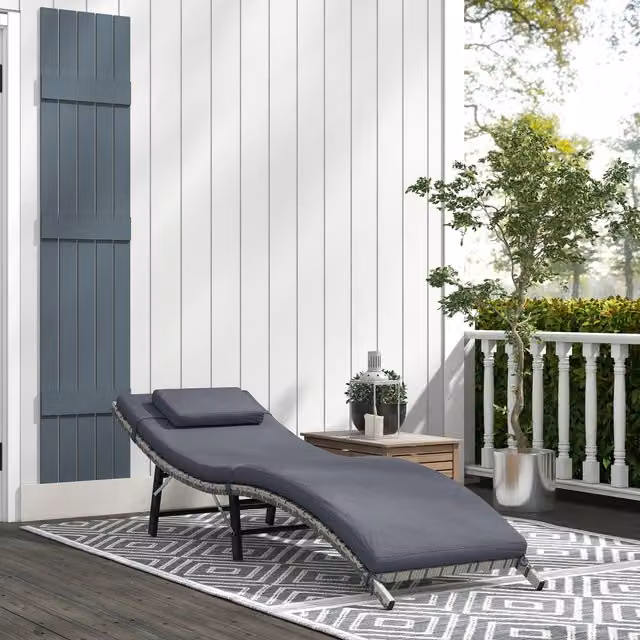 Outsunny Folding Rattan Sun Lounger with Weatherproof Cushion in Grey