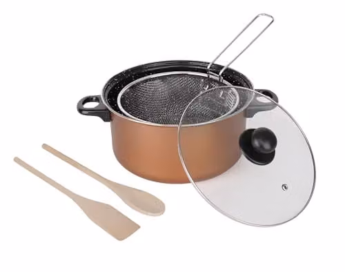 Almineez 5pc Non Stick Chip Pan Set with Frying Basket and Glass Lid, Black or Copper, 24cm, 2l