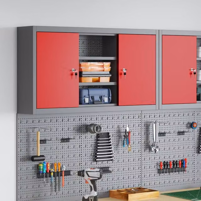 Berkfield Wall-Mounted Steel Tool Cabinet with Pegboard in Red and Grey, W/D/H: 100 x 20 x 55 cm