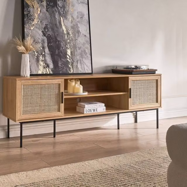 Wyld and Coco Boho Rattan 2-Door TV Stand in Brown, W: 180 cm, D: 63 cm