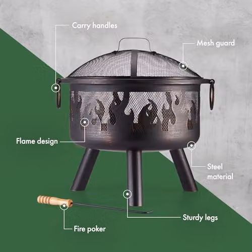 VonHaus Black Bronzed Steel Fire Pit Bowl with Flame Design, Fire Poker and Mesh Guard, W/D/H: 54.5 x 54.5 x 54.5 cm – 4