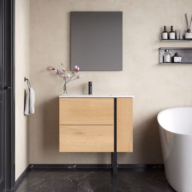 Banyetti Evora 800mm Wall Hung Vanity with Lira Offset Basin, Natural Oak in Light Brown