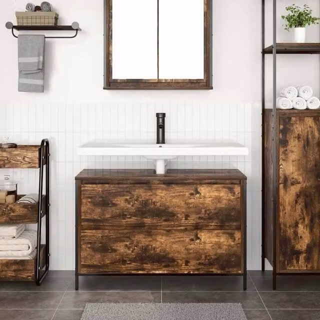 Berkfield Home Decorative Bathroom Basin Cabinet with Drawers, Smoked Oak, Brown, W: 90 cm, D: 34.5 cm, H: 60 cm