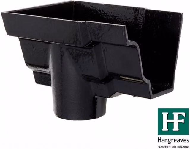 Hargreaves Premier Cast Iron Moulded Ogee Gutter Left Hand Stopend Outlet, 100mm for 75mm Downpipe, Black