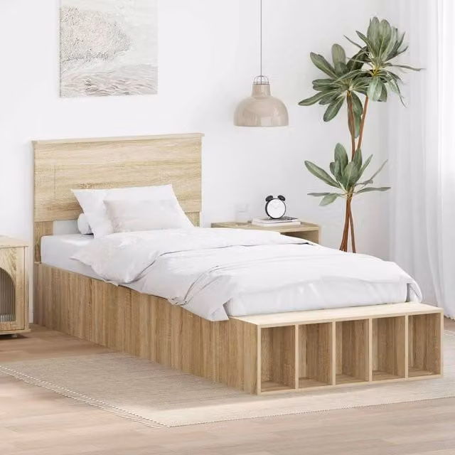 Berkfield Home Modern Bed Frame with Bedside Shelf in Sonoma Oak Brown, W/D/H: 75 x 190 cm – 1