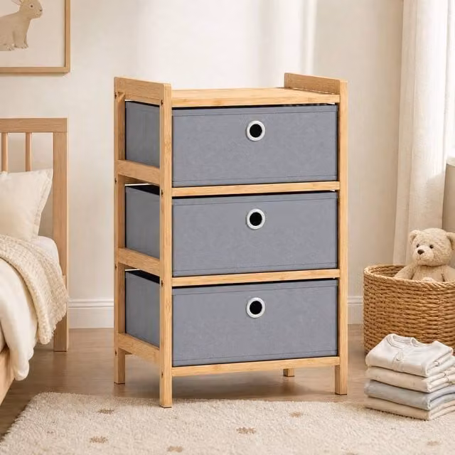 STILVORA 3 Drawer Chest of Drawers with Bamboo Frame in Grey – 1