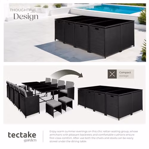 tectake Polyrattan Garden Furniture Set in Black and Grey, Including 8 Dining Chairs, 1 Table, 4 Stools and a Matching Ottoman for Up to 12 People – 5
