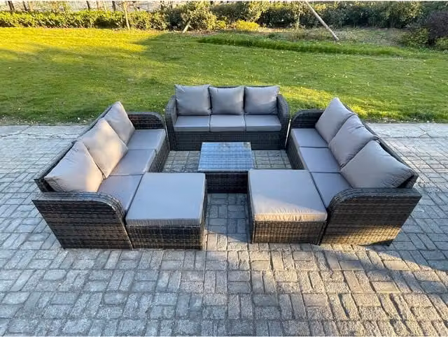 Fimous 11-Seater U-Shape Outdoor Rattan Garden Sofa Set with Coffee Table and Ottomans in Grey