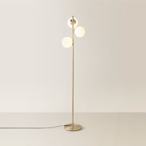 ValueLights Modern 3 Light Gold Metal Floor Lamp with White Frosted Glass Sphere Shades and LED Bulbs – 1