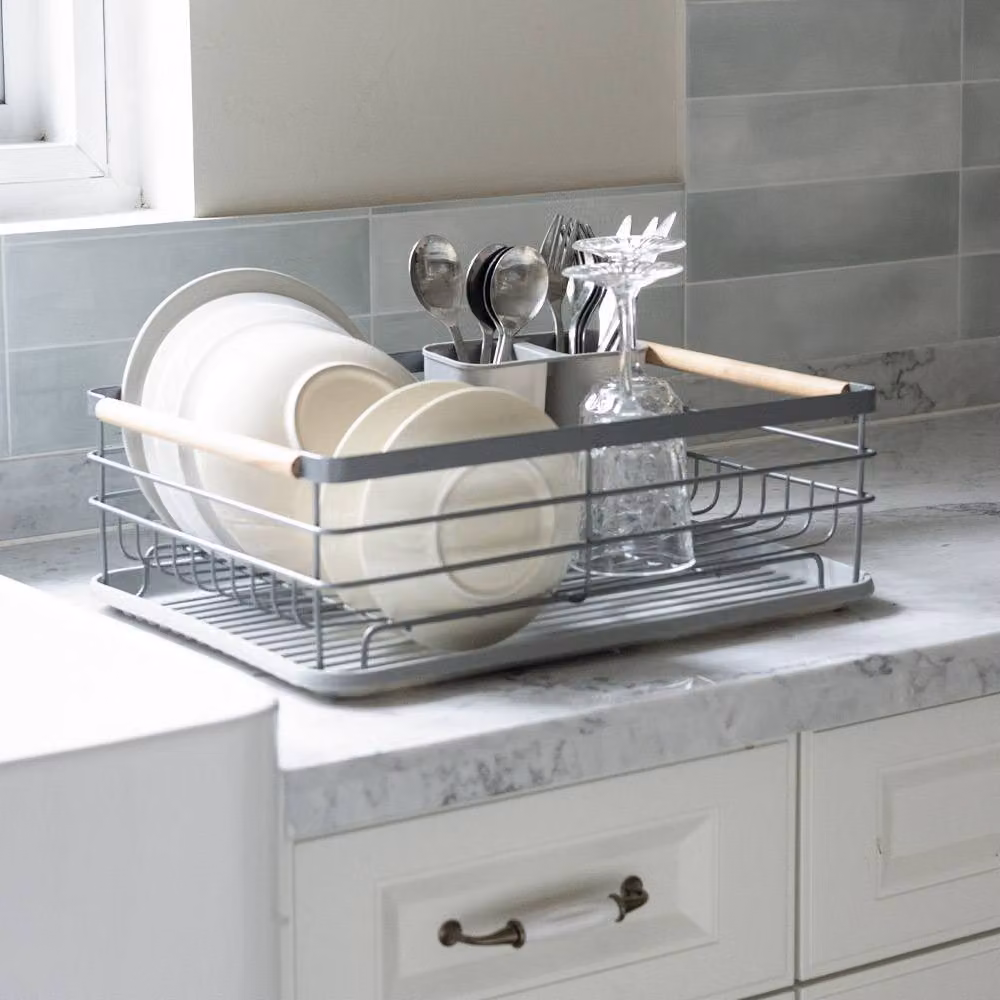 Living and Home Metal Kitchen Dish Drainer Rack Organizer with Removable Drip Tray and Cutlery Holder in Grey – 3