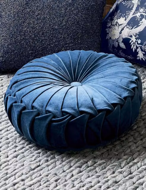 Laura Ashley Rosanna Blue Velvet Round Pleated Cushion