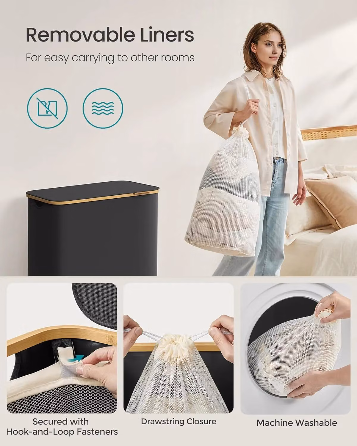 SONGMICS Extra Large 3-Section Collapsible Laundry Hamper with Bamboo Handles, Black, W/D/H: 120 x 70.5 x 60 cm – 5