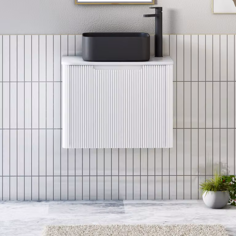 Royal Bathrooms Avenza Matt White Wall Hung Vanity Unit with 1 Drawer and Art Square Basin, Width: 60 cm