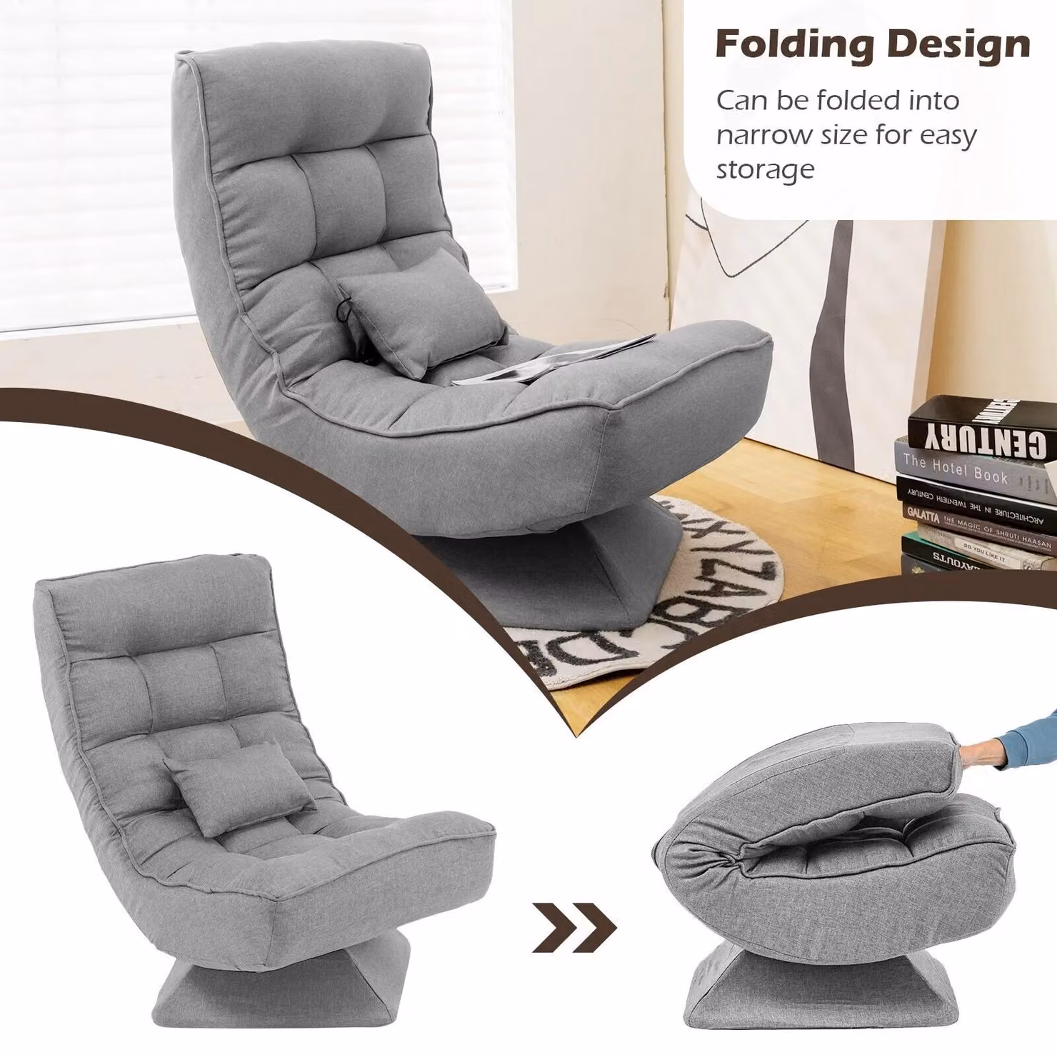 Costway Grey Folding Floor Gaming Chair with 360 Degree Swivel and 4-Position Adjustable Backrest – 4