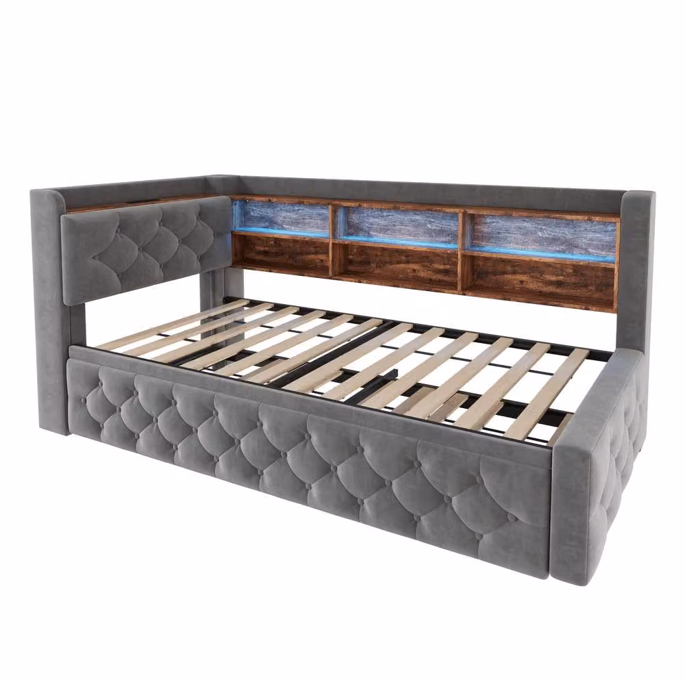 STILVORA Single Sofa Bed with Storage, LED Lights and USB Charging in Dark Grey, W: 90 cm, L: 190 cm – 3