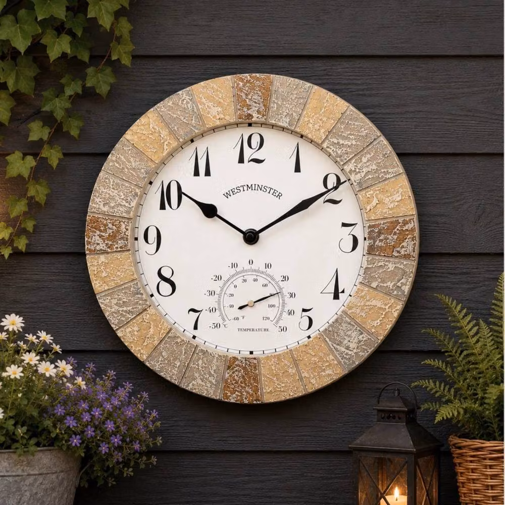 VOGREX Large Round Outdoor Garden Wall Clock and Thermometer with Retro Slate Effect and Quartz Movement, Multicolour, Diameter: 25.4 cm – 2