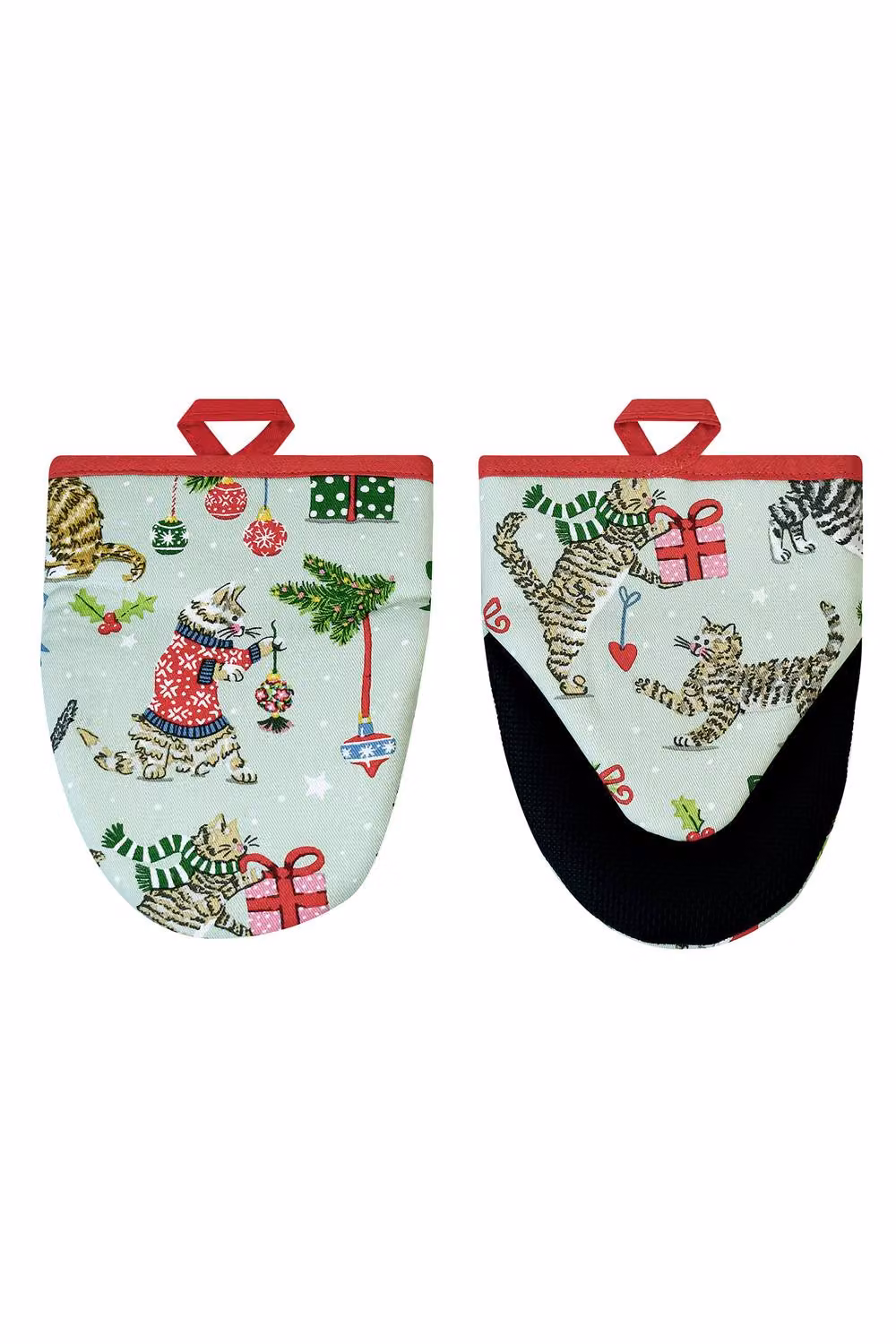 Ulster Weavers Christmas Cats Festive Print 100% Cotton Pair of Microwave Mitts in Light Green and Multicolour – 2