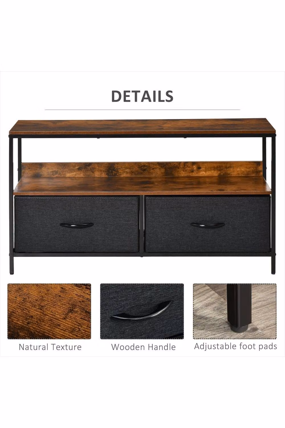 ERGOVEXA Industrial TV Stand Cabinet with 2 Foldable Drawers in Brown – 4
