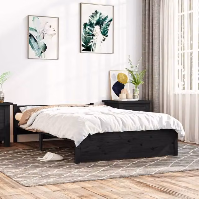 Berkfield Home Black Solid Pine Wood Double Bed Frame W: 135 cm, D: 190 cm