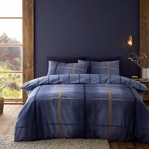 Catherine Lansfield Melrose Tweed Check Reversible Single Duvet Cover and Pillowcase Set, Blue and Purple Brushed Cotton Flannelette, W/D/H: 135 x 200 cm and 50 x 75 cm – 1