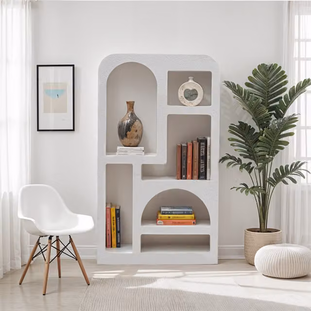 IH Design Udaipur Tall Geometric Modern Wood Bookcase in White
