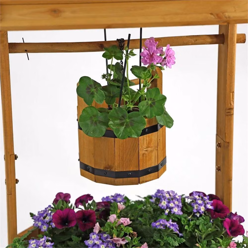 Nordara Wooden Wishing Well Garden Planter and Flowerpot in Brown – 3