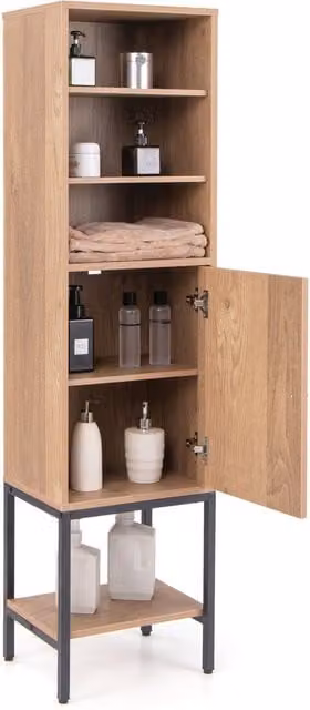 Gymax Tall Freestanding Storage Cabinet in Beige and Brown with Hinged Doors and Internal Shelves, W: 30.0 cm, D: 38.0 cm, H: 146.0 cm
