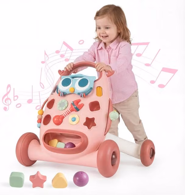 Costway Pink Toddler Interactive Learning Push Along Baby Walker with Music and Sensory Features