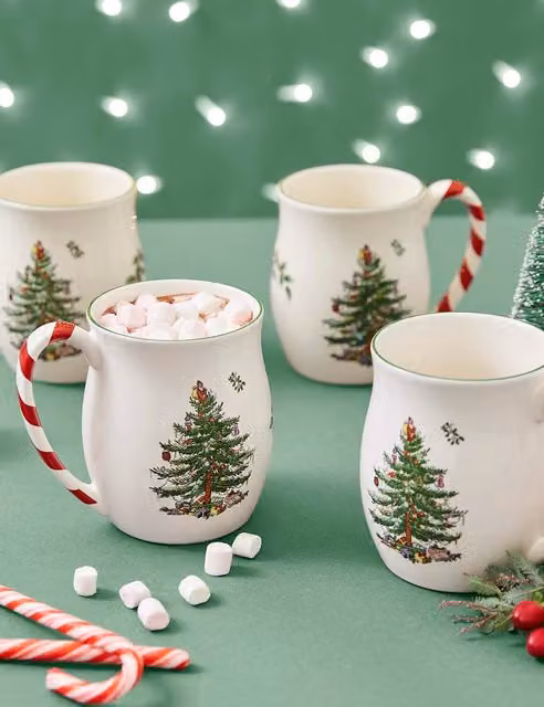 Spode Set of 4 Christmas Tree Porcelain Mugs in Multicolour and White