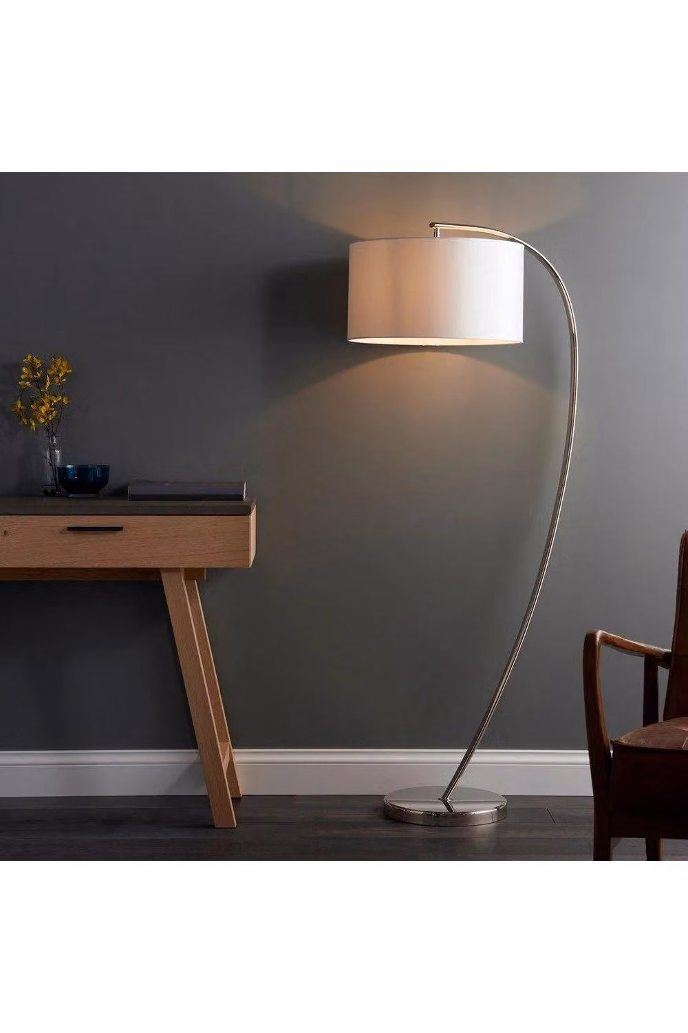 Netlighting Josephine 1 Light Floor Lamp in Bright Nickel and Grey with White Faux Silk Shade, E27 – 2