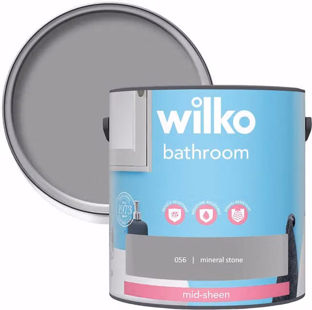 wilko Mid Sheen Emulsion Bathroom Paint, Mineral Stone, 2.5 l