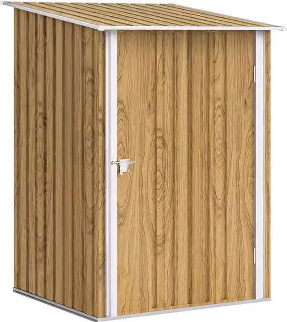 Outsunny Lean-To Steel Garden Shed with Locking Single Door, Light Brown Wood Effect and White – 1