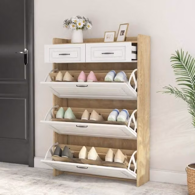 Merax White Slimline Scandinavian Style 3-Tier Tilt-Out Shoe Cabinet with Drawers and Internal Shelves, W/D/H: 80 x 23.5 x 131 cm – 1
