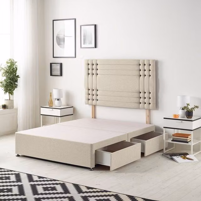 Somnior Beds Ltd Upholstered Fabric Divan Bed Base with Drawers in Beige and Yellow, W/D/H: 140 x 200 cm