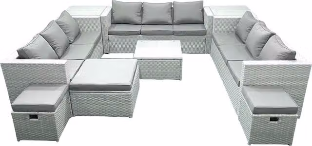 Fimous 12 Seater Rattan Garden Furniture Set in Light Grey with Upholstered Cushions, 3 Ottomans and Coffee Table