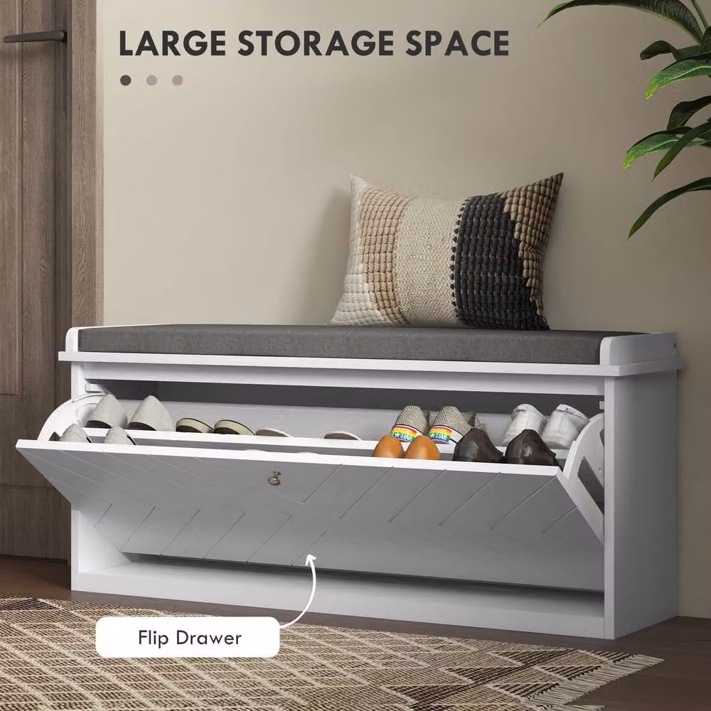 HOMCOM White Upholstered Shoe Bench with Flip Drawer and Fabric Cushion – 3