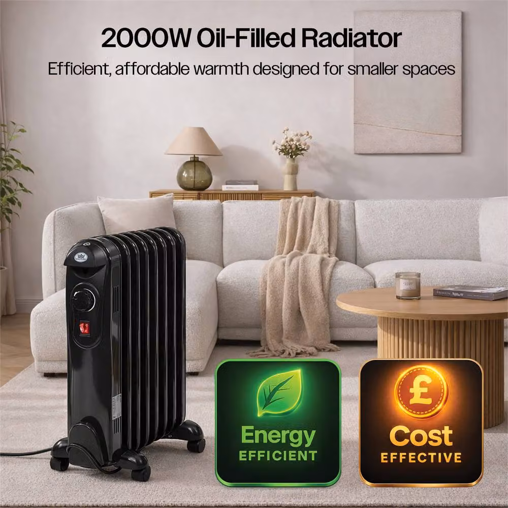 Prem-i-Air 2kW 9-Fin Portable Oil Filled Radiator Heater in Black with Adjustable Thermostat and Safety Cut-Off – 3