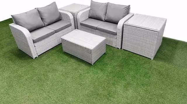 Fimous 4 Seater Rattan Garden Furniture Set with Coffee Table and Side Tables in Light Grey