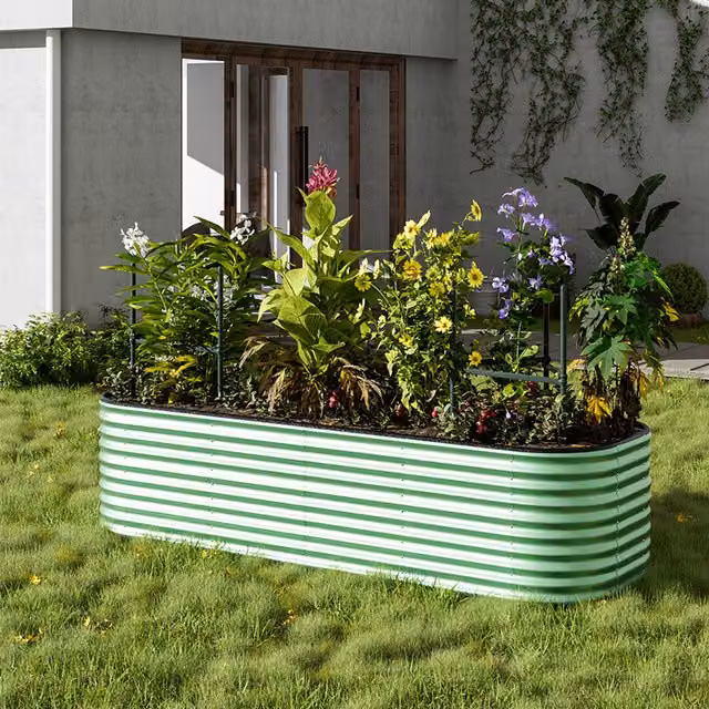 Breeins Oval Galvanised Steel Raised Flower Bed in Green, W: 240 cm, H: 56 cm, D: 56 cm