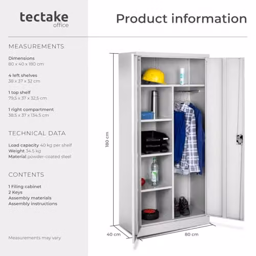 tectake Metal Filing Cabinet in Grey with Lock and Internal Shelves, H 180 x W 80 x D 40 cm – 3