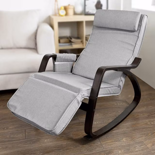 SoBuy Relax Rocking Lounge Chair with Armrests in Grey Fabric and Solid Wood Frame
