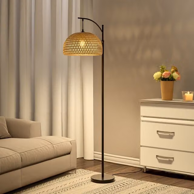 Livingandhome Boho Rattan and Bamboo Dome Floor Lamp in Brown