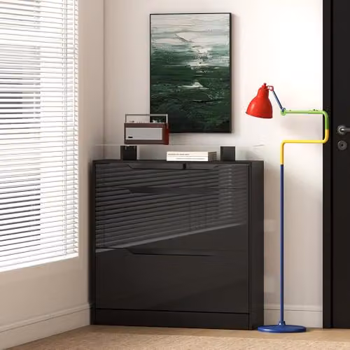 HOMCOM Modern Black Glossy Shoe Cabinet with Glass Top and Tilting Compartments – 7