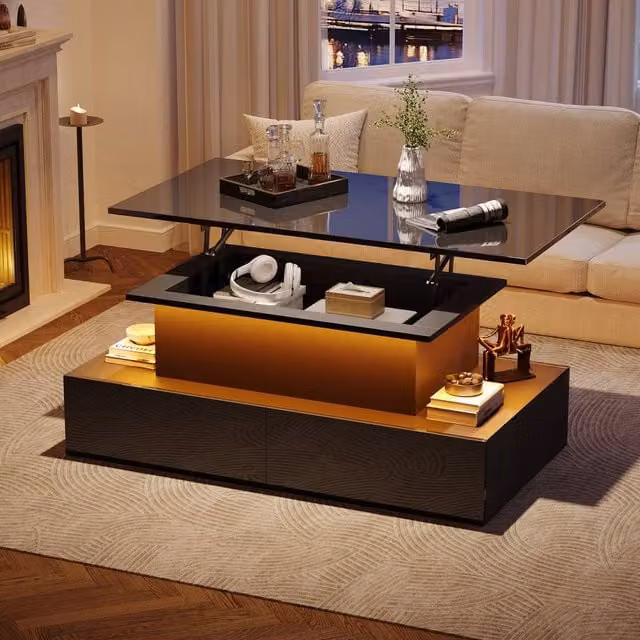 BTM Rectangular High Gloss Black Lift Table with LED and 4 Drawers