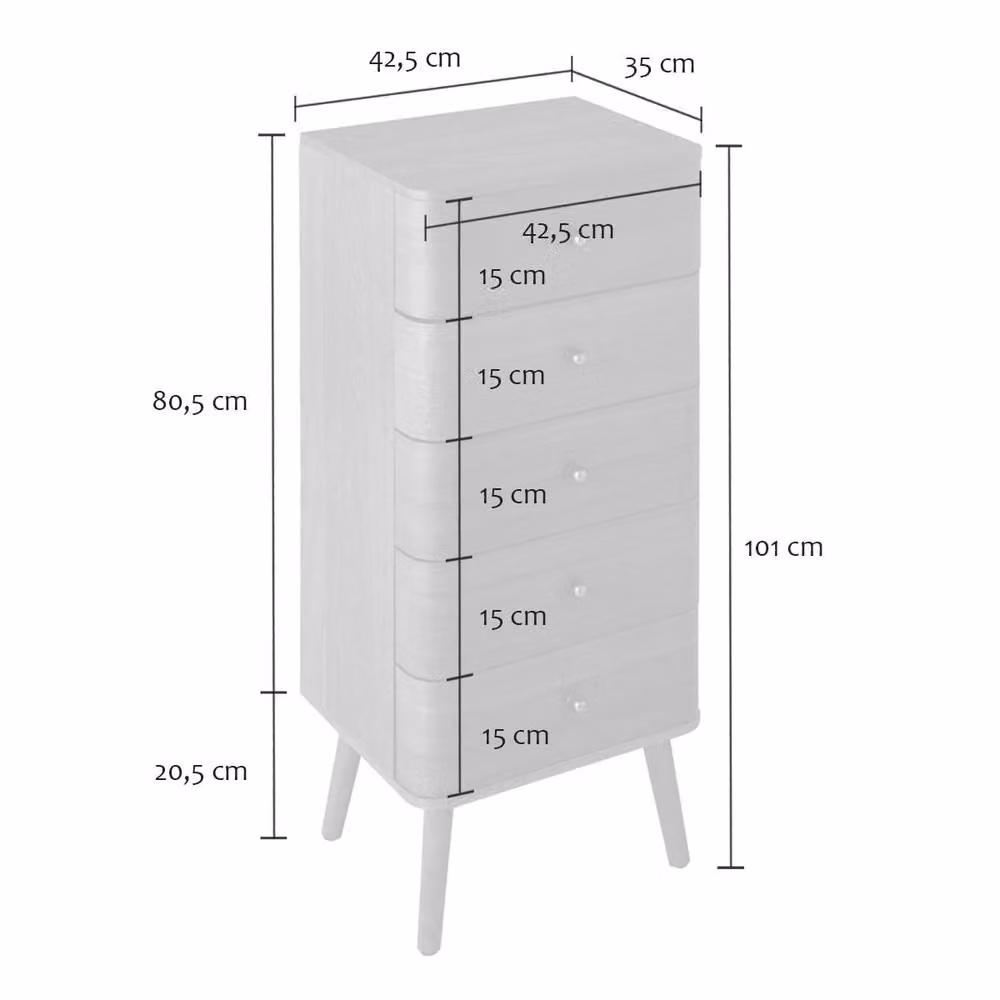CALICOSY KARL 5-Drawer Chest with Rounded Fronts in Light Brown, H: 100 cm – 3