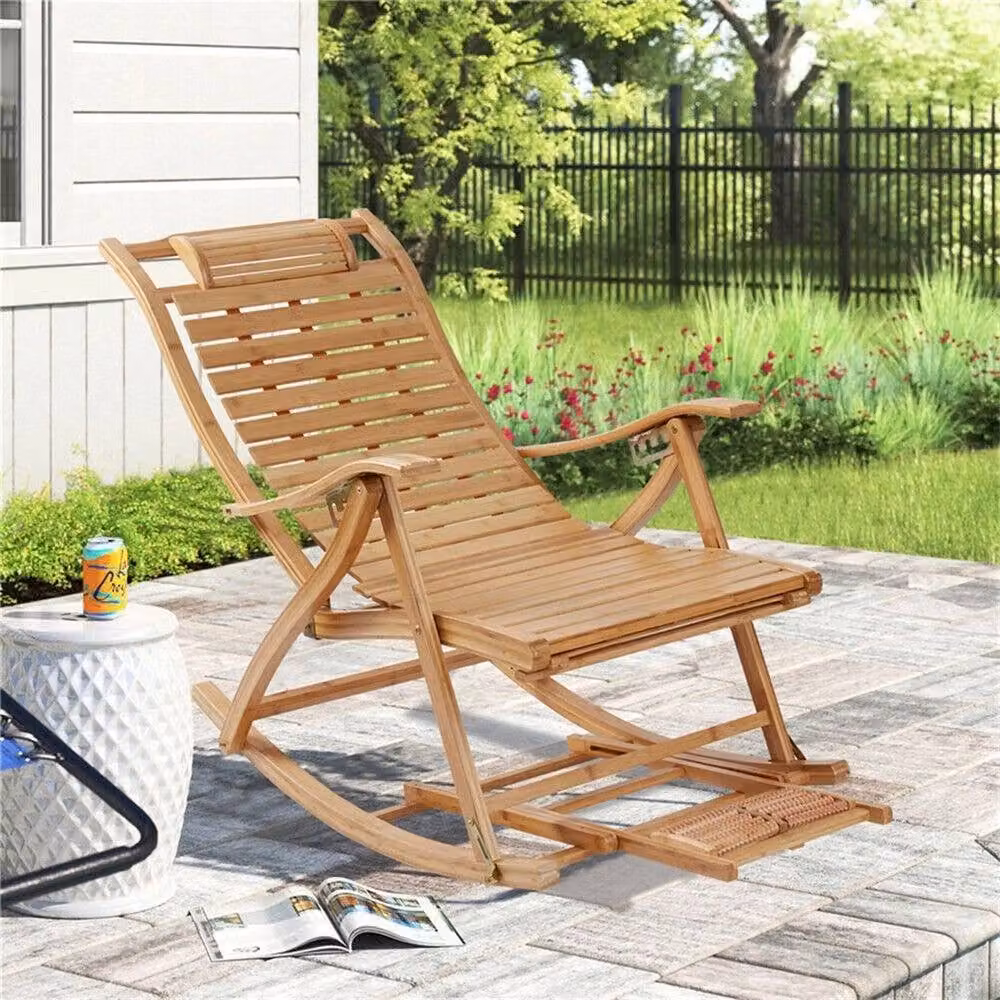 SPETLEK Natural Bamboo Sun Lounge for Patio and Pool in Brown and Beige with Adjustable Headrest – 4