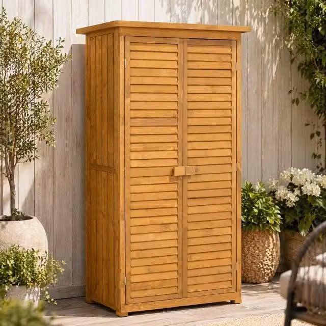 STILVORA Rustic Natural Wood Garden Storage Cabinet with Roll Shutter Doors and Internal Shelves