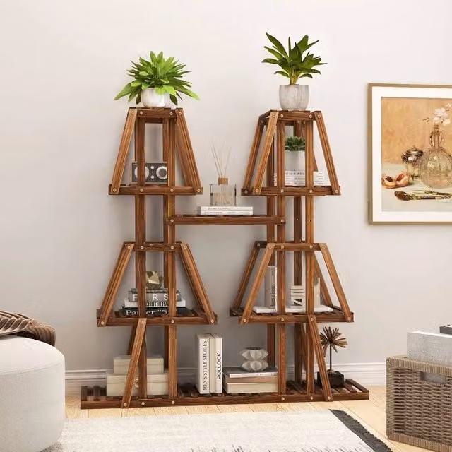 KORVIXA 5-Tier Wood Plant Stand in Brown, 10 Pot Capacity Ladder Display Shelf, W/D/H: 50 x 50 x 114 cm – 1